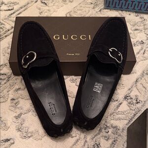 Gucci Women's Black Suede Loafers with Silver Buckle